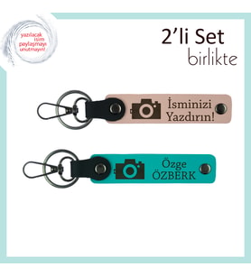 Sanatçı Ruhlu Sevgiliye, Kamera Desenli, Kişisel Deri Anahtarlık Hediyesi, Yavru Ağzı-Koyu Turkuaz
