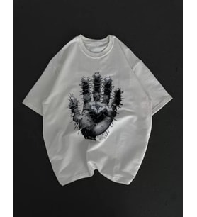 Unisex Bisiklet Yaka Baskılı Oversize T-Shirt - Beyaz
