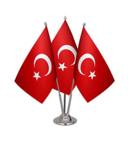 Masa Üstü Üçlü Türkiye Cumhuriyeti Bayrağı Üçlü Krom Direk Masa Bayrak Seti
