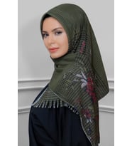 Haki Pratik Hazır Geçmeli Tesettür Eşarp Kesik Elyaf Piliseli Çiçek Desenli 1818D1_09