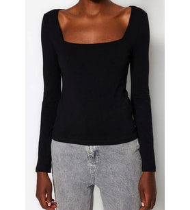 Moda Kare Yaka Örme Slim Düz Desen Casual Günlük Regular Uzun Kol Bluz (Siyah)