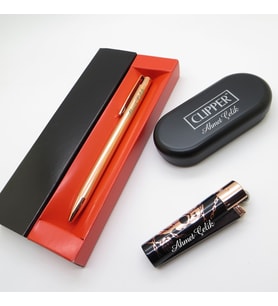 Clipper® Desenli Siyah Rose Gold Kişiye Özel Çakmak ve Kalem Seti Hediyelik Çakmak