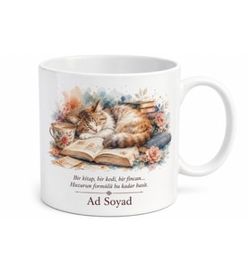 Kitap ve Kedi Temalı Baskılı Kupa Bardak Hediye Kitapsever Kedi Severlere