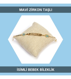 Sahi Aksesuar 14 Ayar Altın Kaplama Mavi Kristal Taşlı İsimli Erkek Bebek Künyesi 51 (Açık Mavi)