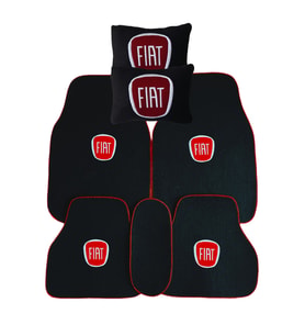 Fiat Uyumlu Kırmızı Kenarlı Siyah Halı Oto Paspas & Nakış İşlemeli 2’li Boyun Destek Yastığı (Siyah)