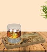 BK Gift Kişiye Özel Mermer Tasarımlı Doğal Ahşap Tabaklı Viski Bardağı Sunum Seti Model 14