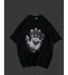 Unisex Bisiklet Yaka Baskılı Oversize T-Shirt - Siyah