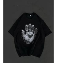 Unisex Bisiklet Yaka Baskılı Oversize T-Shirt - Siyah
