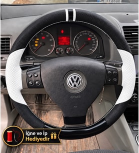 Vw Caddy 3 Dikme Direksiyon Kılıfı Delikli Deri Parlak Siyah Beyaz Detay Çift Yüzük ve Dikiş 2004-2010