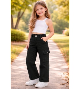 Kız Çocuk Yüksek Bel Kargo Cepli Gabardin Pantolon - SİYAH / 5-6 YAŞ