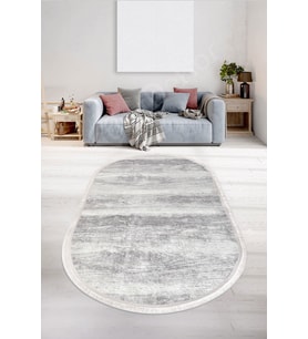 Dijidekor Halı Gri Cool KY7056 Yıkanabilir Saçaklı Oval Kesme İnce Yolluk Kilim Salon Halısı Modeli