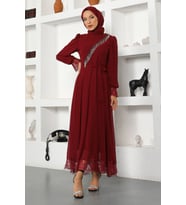 Taş Detaylı Şifon Abiye Bordo 17200