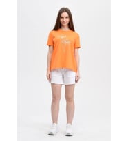 Kadın Baskılı Kısa Kollu Arka Oval Bisiklet Yaka Tişört Mor (Oranj)