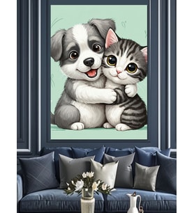Sarılan Köpek Ve Kedi Dekoratif Kanvas - Mdf Ahşap Tablo