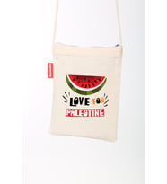 Geleneksel Filistin Yarım Karpuzlu "LOVE FOR PALESTINE" Dijital Baskılı Askılı Kanvas Bez Fermuarlı Çanta 18*25 CM (Krem)