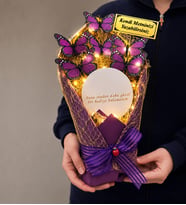 Kişiye Özel Premium LED Işıklı Aynalı Mor Kelebek Buketi Büyük Boy