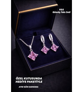925 Ayar Damgalı Gümüş Kaplama  Pembe Kare Kesim Taşlı Kolye Küpe Takı Seti
