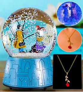 Sevgiliye Hediye Kış Masalı Işıklı Müzikli Kar Küresi & Gold Rose Gül Kolye