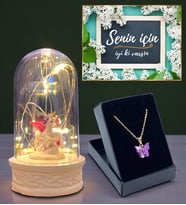 Led Işıklı Biblolu Tasarım Fanus ve Kelebek Kolye Hediye Seti (Model 1)