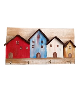 El Boyaması Ev Figürlü Ahşap Duvar Anahtarlığı (25x12 cm) (Çok Renkli)