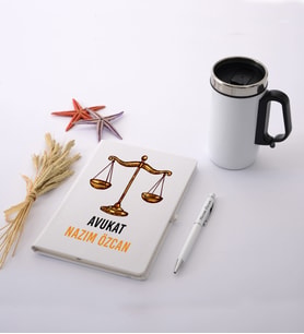 Avukatlara Özel İsimli Beyaz Defter Kalem Termos Mug Seti