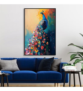Yağlı Boya Dokulu Tablo Modern Renkli Tavus Kuşu Siyah Çerçeveli U04032