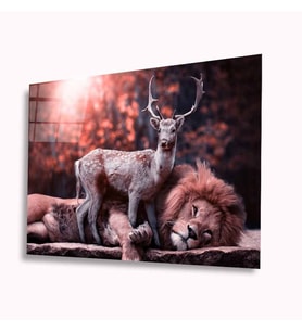 Aslan ve Geyik Cam Tablo 4mm Dayanıklı Temperli Cam