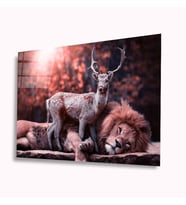 Aslan ve Geyik Cam Tablo 4mm Dayanıklı Temperli Cam
