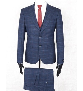 Jan Carlucci Slim Fit Sivri Yaka-Çift Yırtmaç Lacivert Kareli  Drop 6 Yelekli Takım Elbise