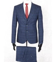 Jan Carlucci Slim Fit Sivri Yaka-Çift Yırtmaç Lacivert Kareli  Drop 6 Yelekli Takım Elbise