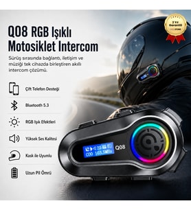 Q08 5.3 İki Telefon Uyumlu Yeni Nesil RGB Işıklı Intercom Motosiklet Kask Kulaklık Motorsiklet Intercom