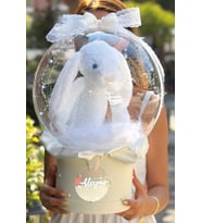 İnci Detaylı Kişiye Özel Beyaz Tavşanlı Bubble Balon Hediye Kutusu