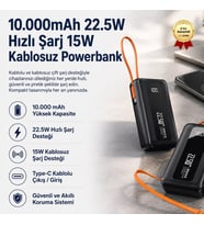 10.000 mAh 22.5W Hızlı Şarj Dahili USB-C Kablolu Dijital Göstergeli Taşınabilir Powerbank