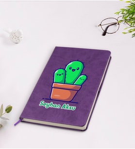 BK Gift Kişiye Özel Kaktüs Tasarımlı Mor Termo Deri Defter Model 3