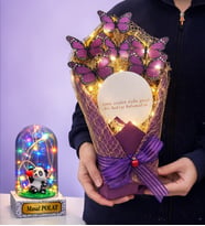 Led Işıklı Aynalı Mor Kelebek Buketi (Kişiye Özel Renkli Led Işıklı Fanus Hediyeli) (Model 5)