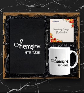 Kişiye Özel Hemşire Tasarımlı Siyah Defter Kalem & Kupa Hediye Seti