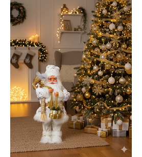 60 cm Beyaz Hediye Paketli Noel Baba – Ayakta Duran Modern ve Özel Tasarım Yılbaşı Dekor Figürü