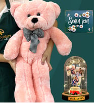Sizlere Özel 3 Fotoğraflı, İsimli Işıklı Fanus ve Büyük Boy Pembe Peluş Ayıcık - Kişiselleştirilmiş Set (Model 6)