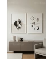 Minimalist Geometrik Kompozisyon 2’li Ahşap Çerçeveli Tablo Seti