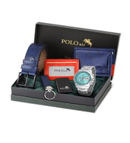 Polo Air Erkek Kol Saati Cüzdan Kemer Kartlık Çakmak Anahtarlık Kombin Set Gümüş Turkuaz Renk PL-0993E5 (Gri-Turkuaz)