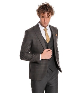 Ekose Ceketli Slim Fit Füme Erkek Takım Elbise - Wessi (Siyah)