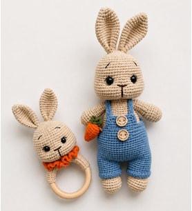 Kot Mavisi Tulumlu Havuçlu Sempatik Tavşan Uyku Arkadaşı ve Çıngırak Takımı Amigurumi Organik Oyuncak