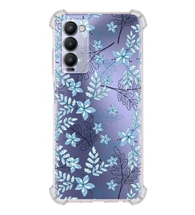 PrintiFy Tecno Camon 18 Uyumlu Köşe Korumalı Floral Mavi Tasarımlı Şeffaf Silikon Kılıf