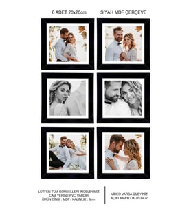6 Adet 20x20 Çerçeve - Mdf Çerçeve - Kare Fotoğraf Çerçevesi (Siyah)