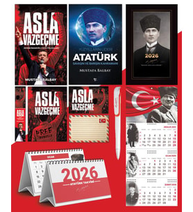 Asla Vazgeçme - Ayraç - Kartpostal - Poster - Yüzyılların Lideri Atatürk -  2026 Ajanda Kalpaklı - Ay Yıldız Duvar Takvimi - Masa Takvimi