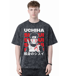 Tasarım Uchiha Itachi Naruto Anime Baskılı Unisex Oversize Eskitme Yıkamalı Tişört