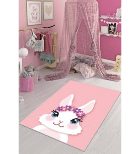 Pembe Yıkanabilir Kaymaz Tabanlı Tavşanlı Bebek Halısı AR088