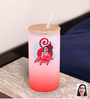 BK Gift Kadınlar Gününe Özel Karikatürlü Kırmızı Renk Pipetli Buzlu Cam Bardak 600ml - 4, 8 Mart Kadınlar Günü