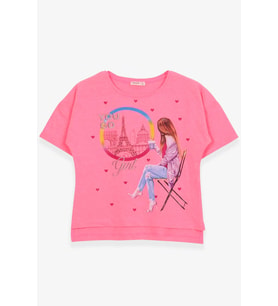 Breeze Kız Çocuk Tişört Kalpli Simli Kız Baskılı 9-16 Yaş, Neon Pembe