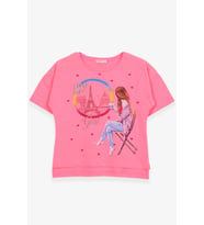 Breeze Kız Çocuk Tişört Kalpli Simli Kız Baskılı 9-16 Yaş, Neon Pembe